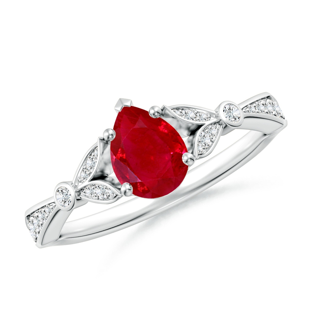 7x5mm AAA Nature-Inspired Pear Ruby Engagement Ring with Leaf Motifs in P950 Platinum
