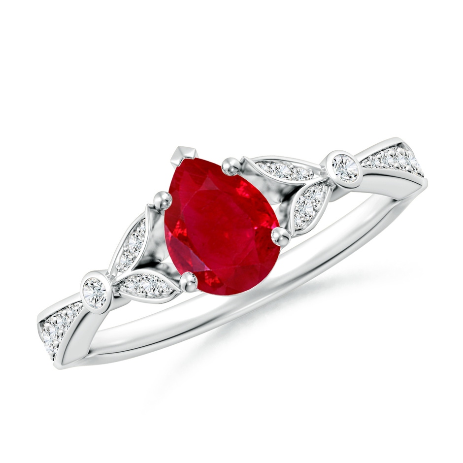 7x5mm AAA Nature-Inspired Pear Ruby Engagement Ring with Leaf Motifs in White Gold 