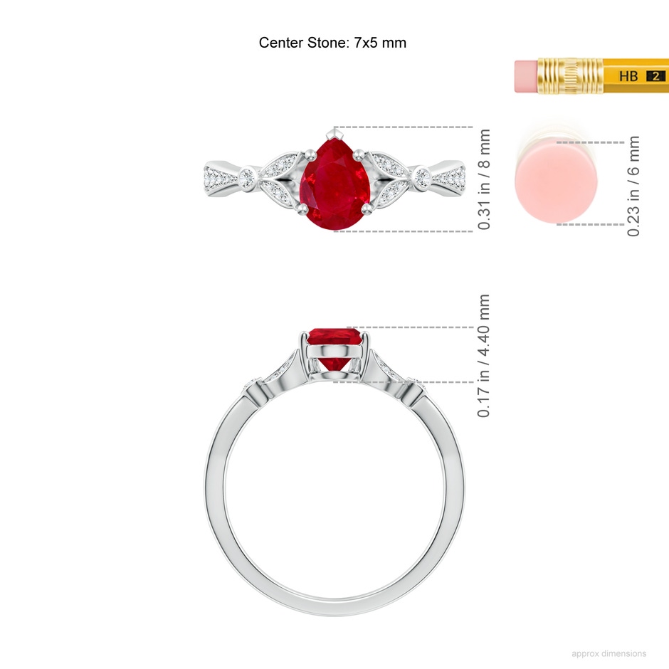 7x5mm AAA Nature-Inspired Pear Ruby Engagement Ring with Leaf Motifs in White Gold ruler