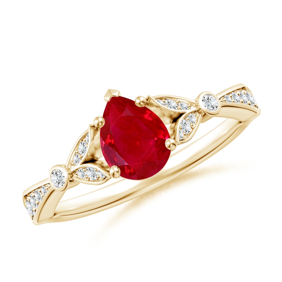 7x5mm AAA Nature-Inspired Pear Ruby Engagement Ring with Leaf Motifs in Yellow Gold 