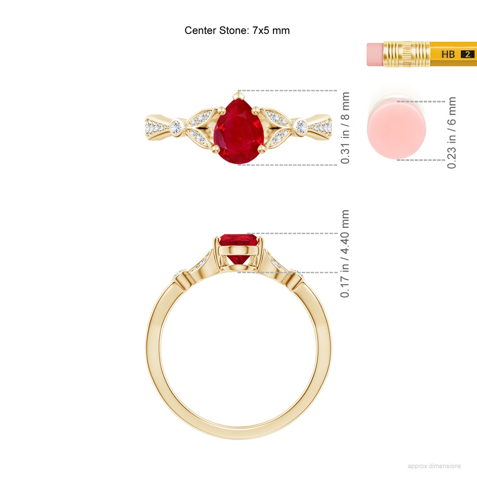 7x5mm AAA Nature-Inspired Pear Ruby Engagement Ring with Leaf Motifs in Yellow Gold ruler