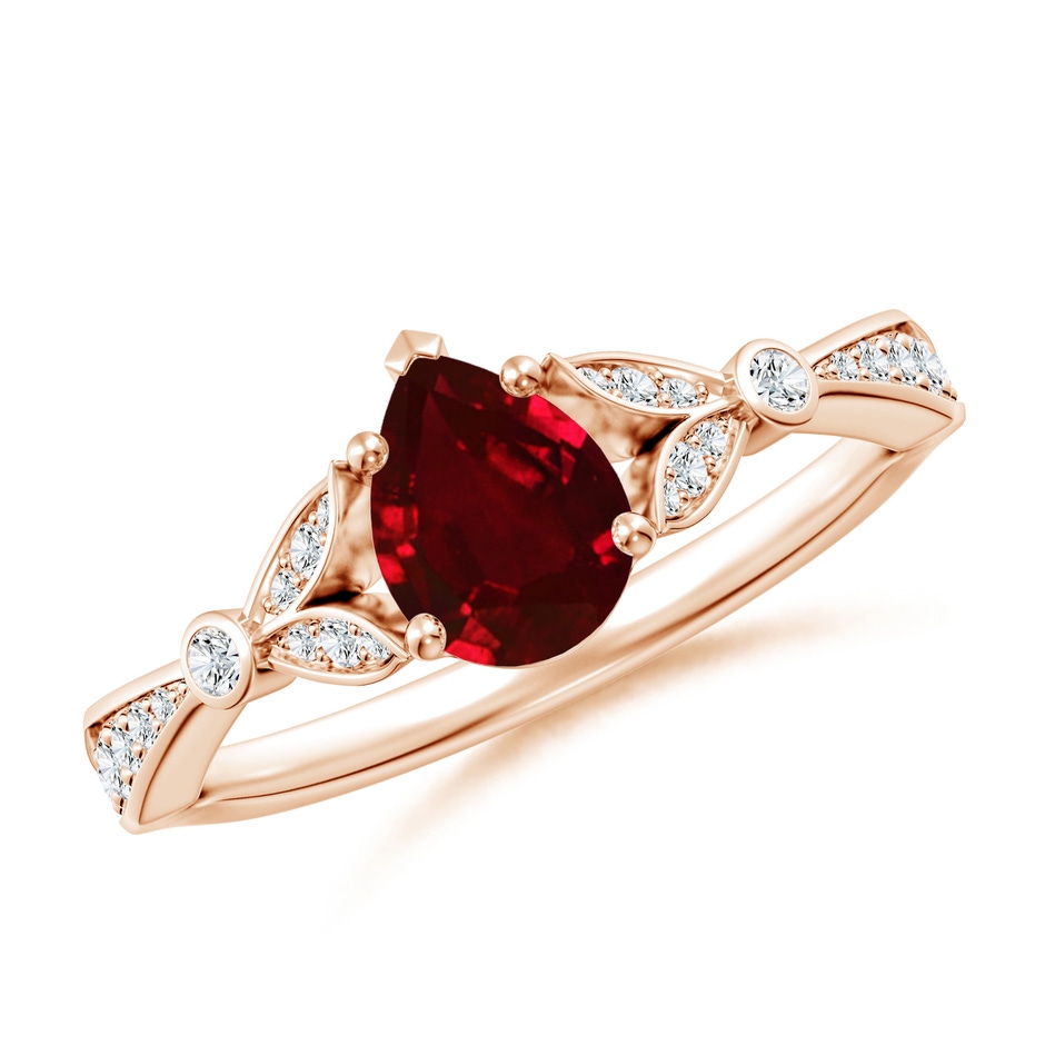 7x5mm AAAA Nature-Inspired Pear Ruby Engagement Ring with Leaf Motifs in Rose Gold 