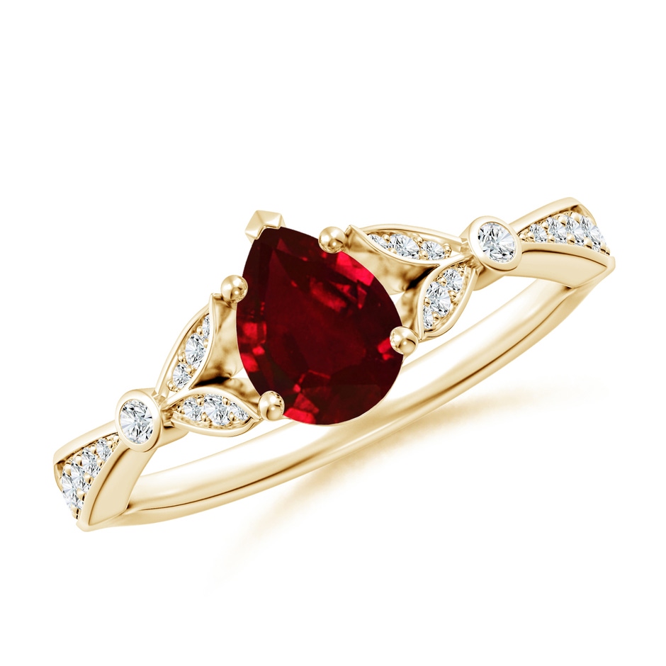 7x5mm AAAA Nature-Inspired Pear Ruby Engagement Ring with Leaf Motifs in Yellow Gold 