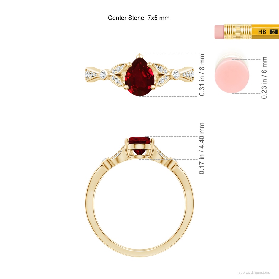 7x5mm AAAA Nature-Inspired Pear Ruby Engagement Ring with Leaf Motifs in Yellow Gold ruler
