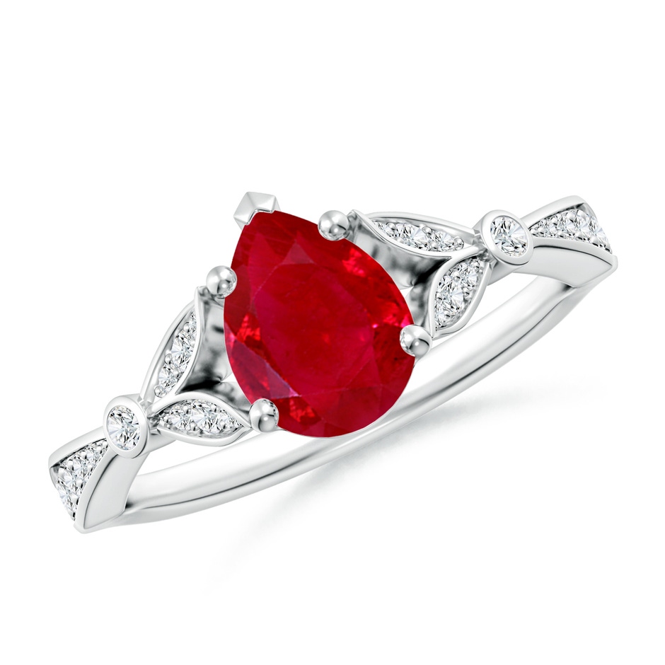 8x6mm AAA Nature-Inspired Pear Ruby Engagement Ring with Leaf Motifs in White Gold 