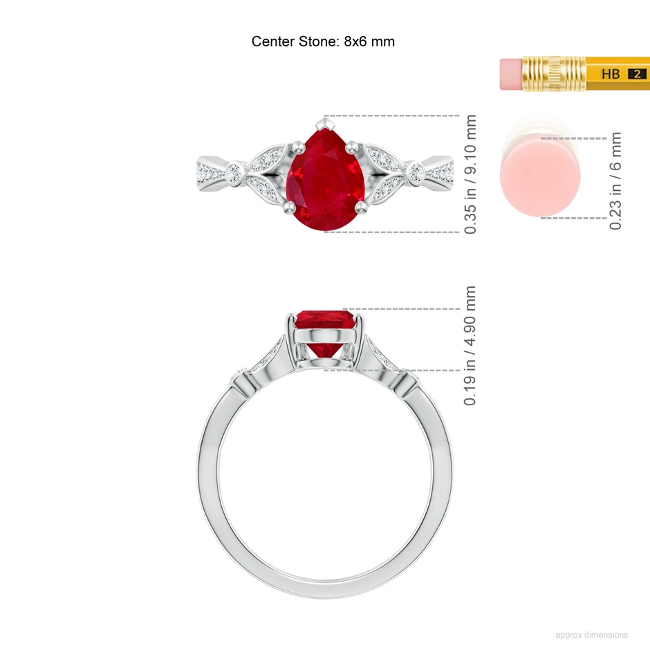 8x6mm AAA Nature-Inspired Pear Ruby Engagement Ring with Leaf Motifs in White Gold ruler
