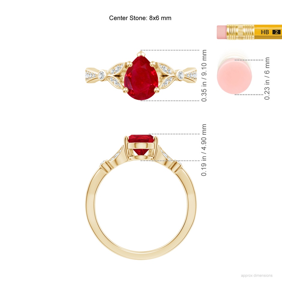 8x6mm AAA Nature-Inspired Pear Ruby Engagement Ring with Leaf Motifs in Yellow Gold ruler