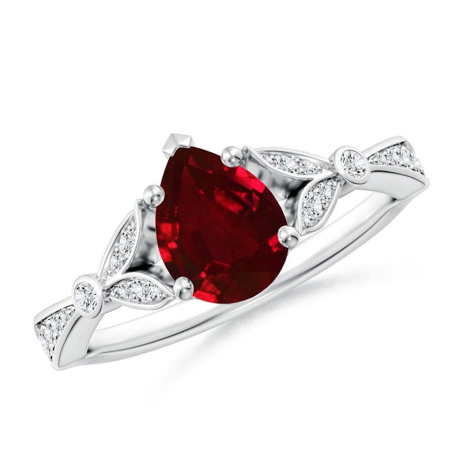 8x6mm AAAA Nature-Inspired Pear Ruby Engagement Ring with Leaf Motifs in White Gold 