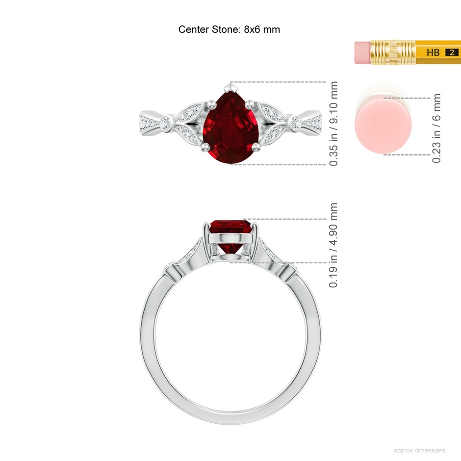 8x6mm AAAA Nature-Inspired Pear Ruby Engagement Ring with Leaf Motifs in White Gold ruler