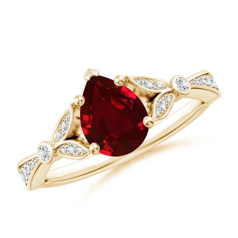 8x6mm AAAA Nature-Inspired Pear Ruby Engagement Ring with Leaf Motifs in Yellow Gold 