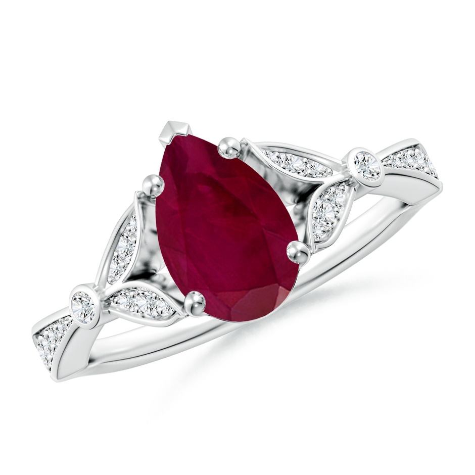 9x7mm A Nature-Inspired Pear Ruby Engagement Ring with Leaf Motifs in White Gold 