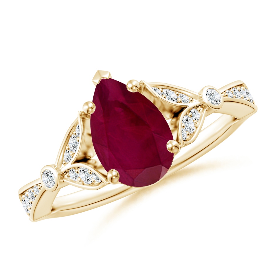 9x7mm A Nature-Inspired Pear Ruby Engagement Ring with Leaf Motifs in Yellow Gold 