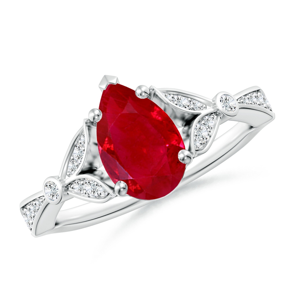 9x7mm AAA Nature-Inspired Pear Ruby Engagement Ring with Leaf Motifs in White Gold