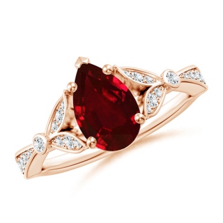 9x7mm AAAA Nature-Inspired Pear Ruby Engagement Ring with Leaf Motifs in 18K Rose Gold