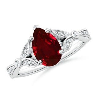 9x7mm AAAA Nature-Inspired Pear Ruby Engagement Ring with Leaf Motifs in P950 Platinum