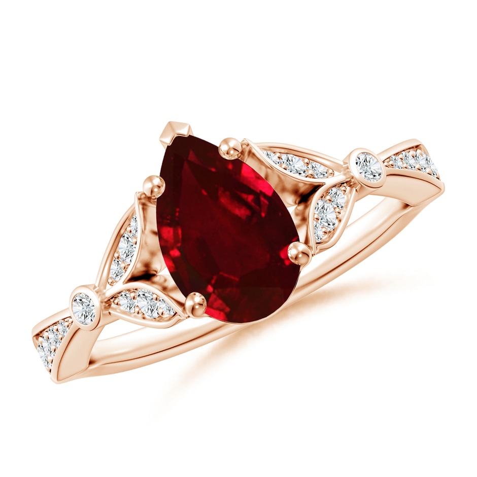 9x7mm AAAA Nature-Inspired Pear Ruby Engagement Ring with Leaf Motifs in Rose Gold 
