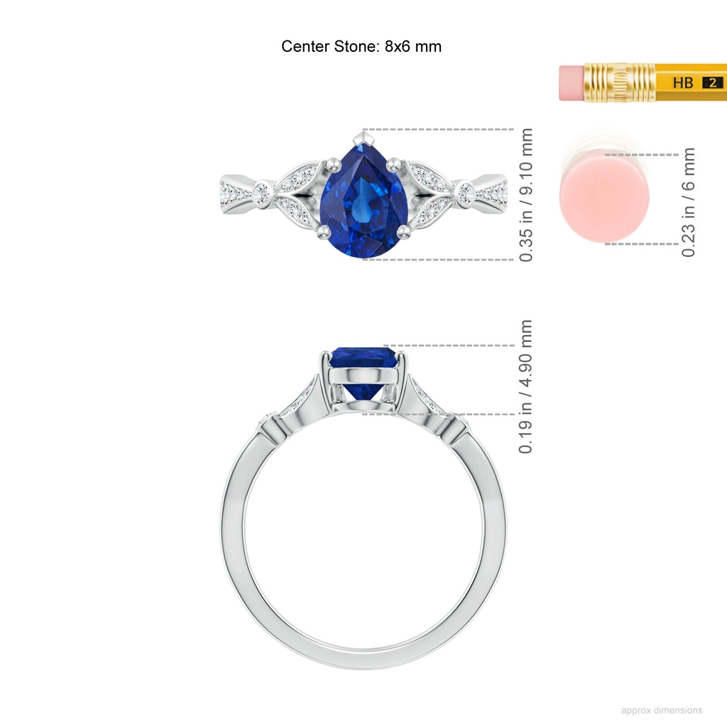 8x6mm AAA Nature-Inspired Pear Blue Sapphire Engagement Ring with Leaf Motifs in White Gold ruler