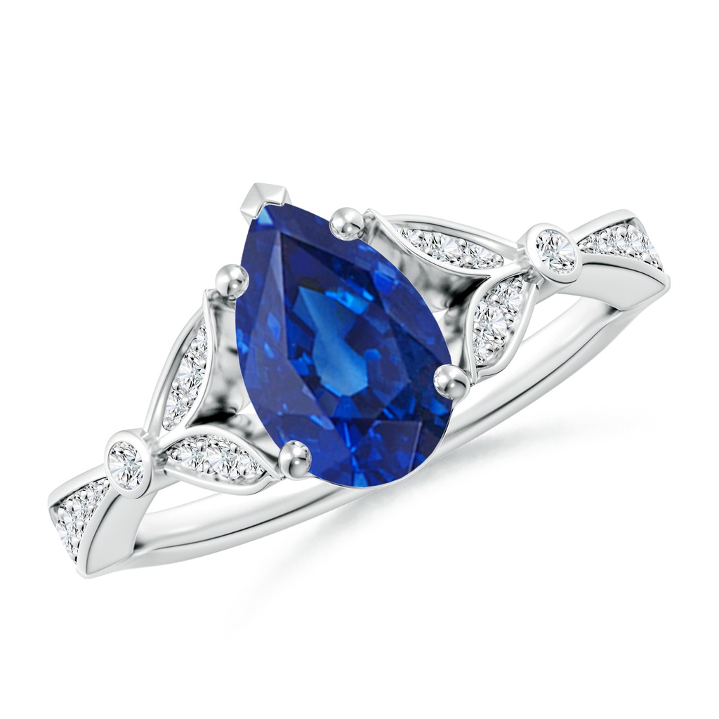 9x7mm AAA Nature-Inspired Pear Blue Sapphire Engagement Ring with Leaf Motifs in White Gold