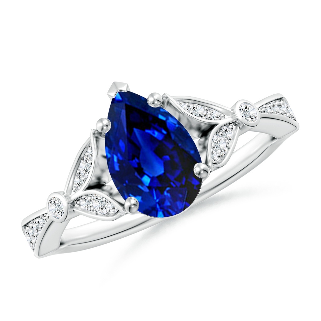 9x7mm Lab-Grown Nature-Inspired Pear Blue Sapphire Engagement Ring with Leaf Motifs in White Gold