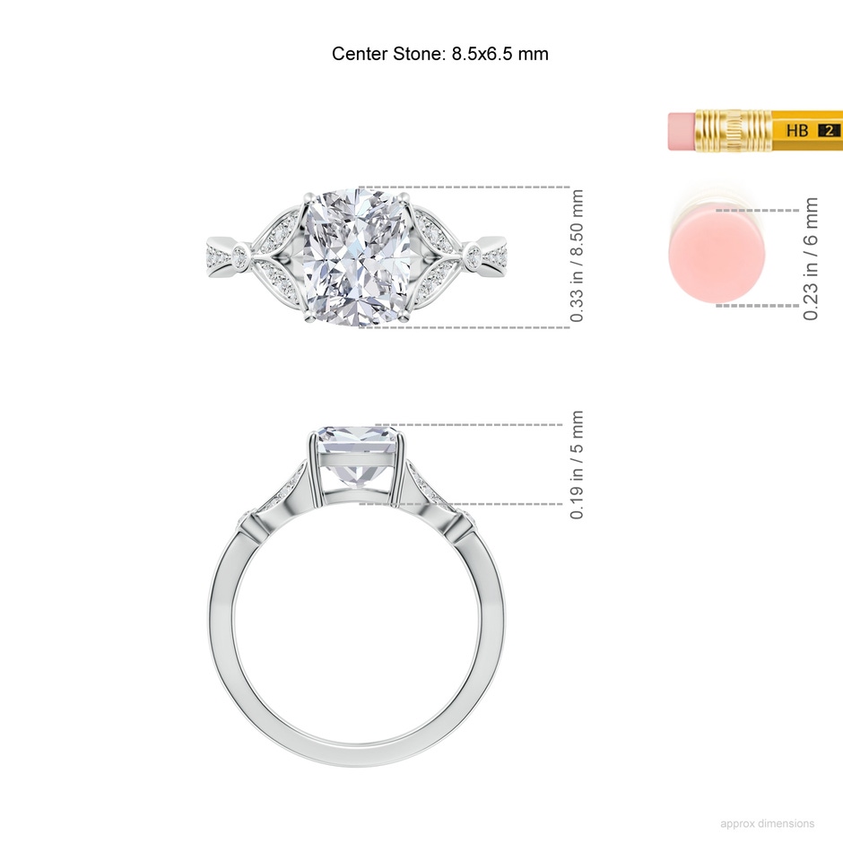 8.5x6.5mm HSI2 Nature-Inspired Cushion rectangular Diamond Engagement Ring with Leaf Motifs in White Gold ruler