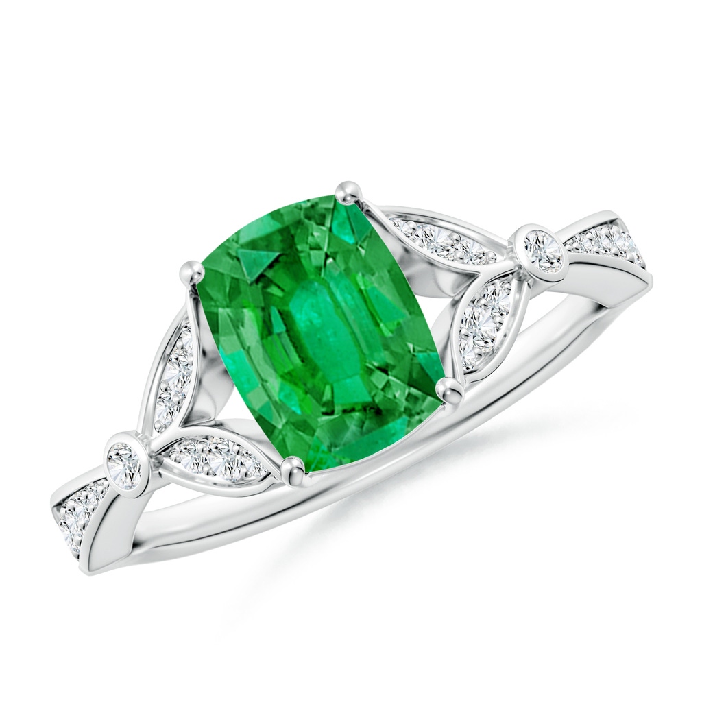 8x6mm AAA Nature-Inspired Emerald-Cut Emerald Engagement Ring with Leaf Motifs in P950 Platinum 