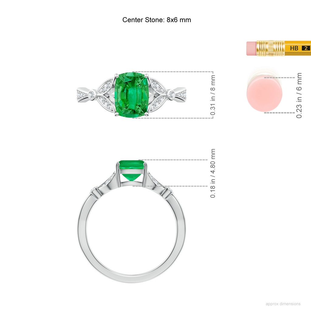 8x6mm AAA Nature-Inspired Emerald-Cut Emerald Engagement Ring with Leaf Motifs in P950 Platinum ruler