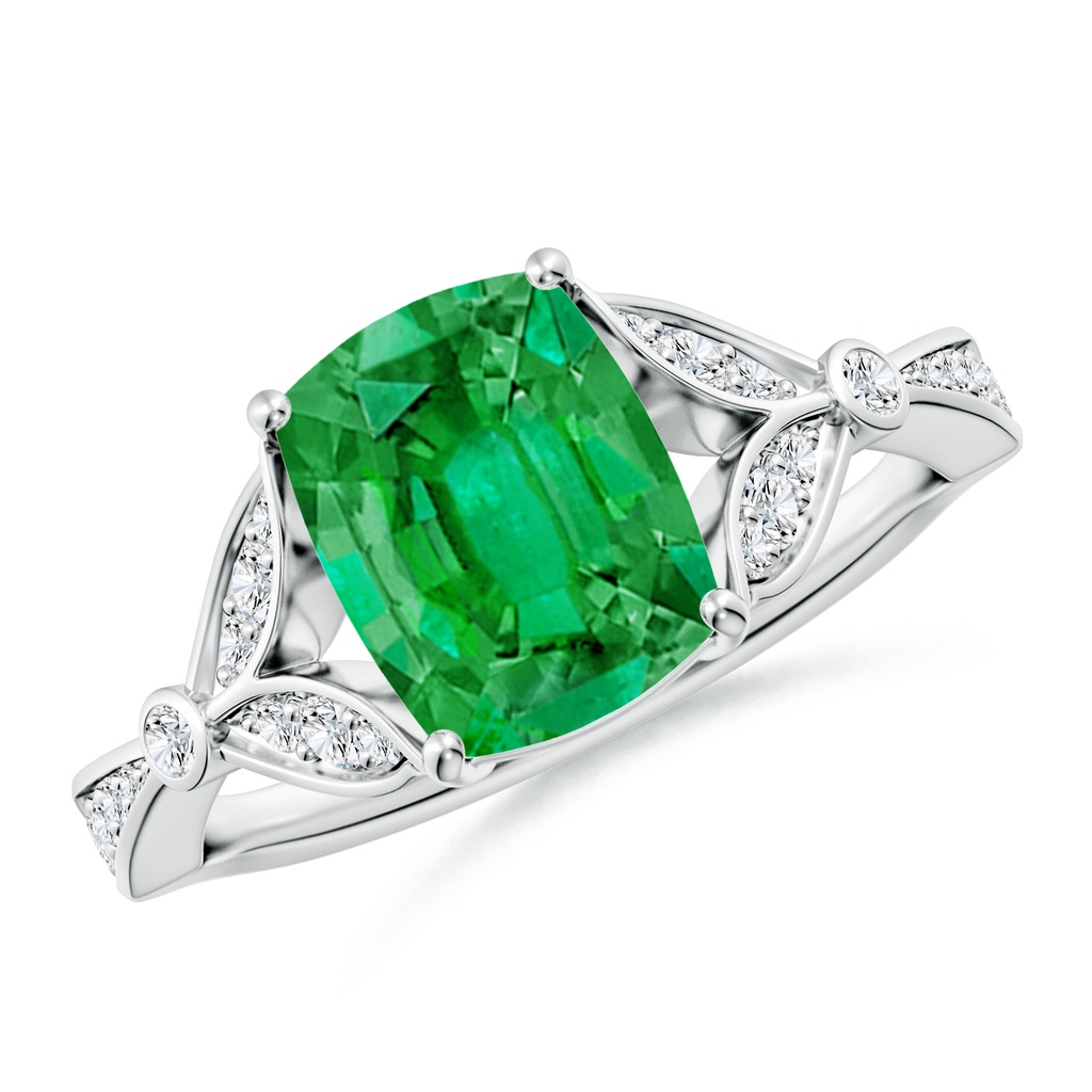 9x7mm AAA Nature-Inspired Emerald-Cut Emerald Engagement Ring with Leaf Motifs in White Gold