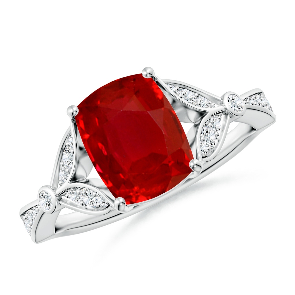 9x7mm AAA Nature-Inspired Emerald-Cut Ruby Engagement Ring with Leaf Motifs in White Gold