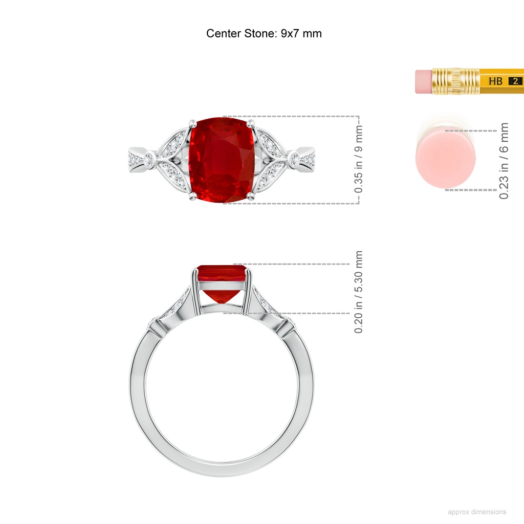 9x7mm AAA Nature-Inspired Emerald-Cut Ruby Engagement Ring with Leaf Motifs in White Gold ruler