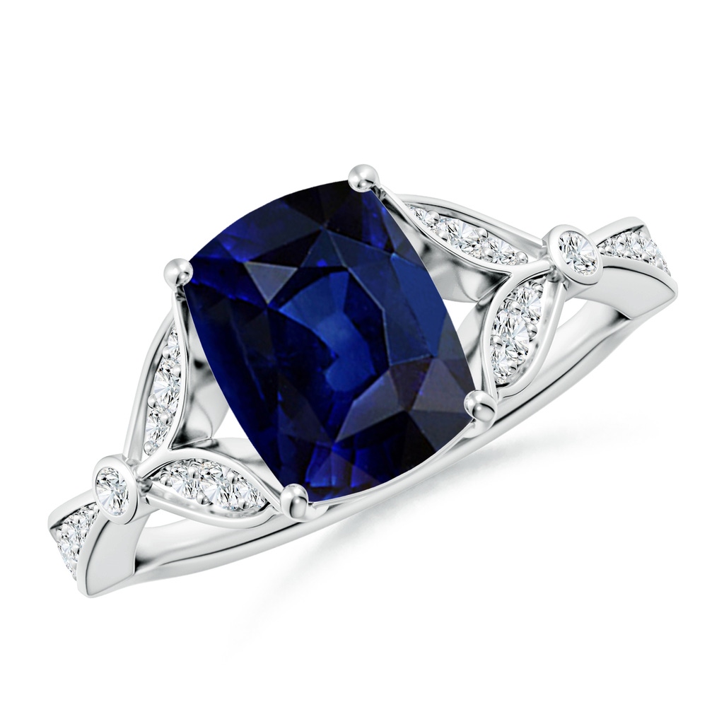 9x7mm AAA Nature-Inspired Emerald-Cut Blue Sapphire Engagement Ring with Leaf Motifs in White Gold