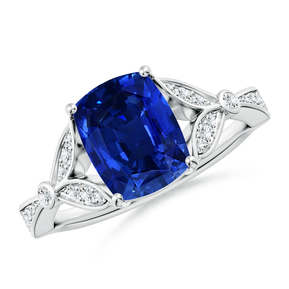 9x7mm Lab-Grown Nature-Inspired Cushion Rectangular Blue Sapphire Engagement Ring with Leaf Motifs in White Gold 