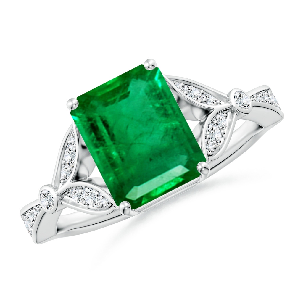 9x7mm AAA Nature-Inspired Cushion Rectangular Emerald Engagement Ring with Leaf Motifs in White Gold