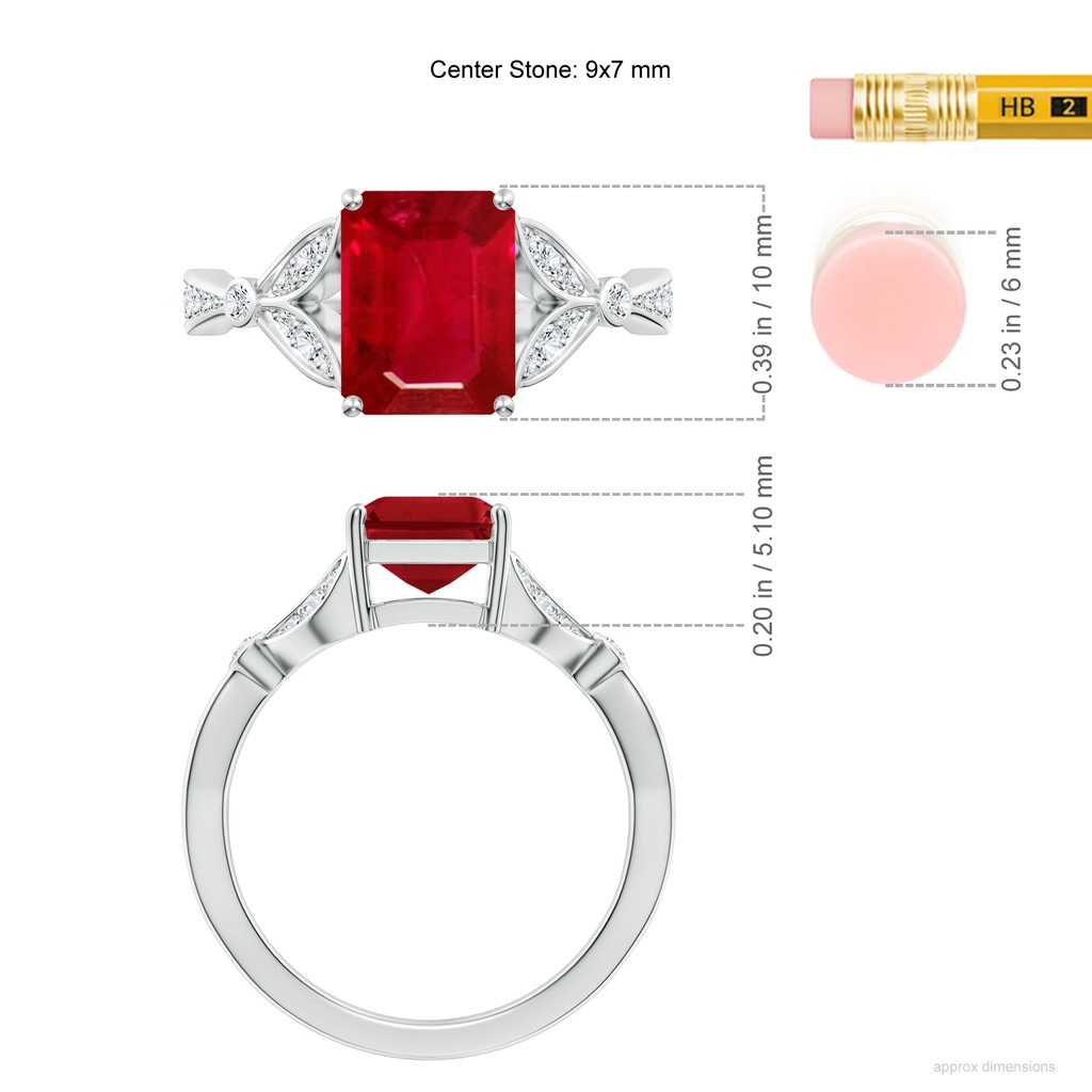 9x7mm AAA Nature-Inspired Cushion Rectangular Ruby Engagement Ring with Leaf Motifs in White Gold ruler