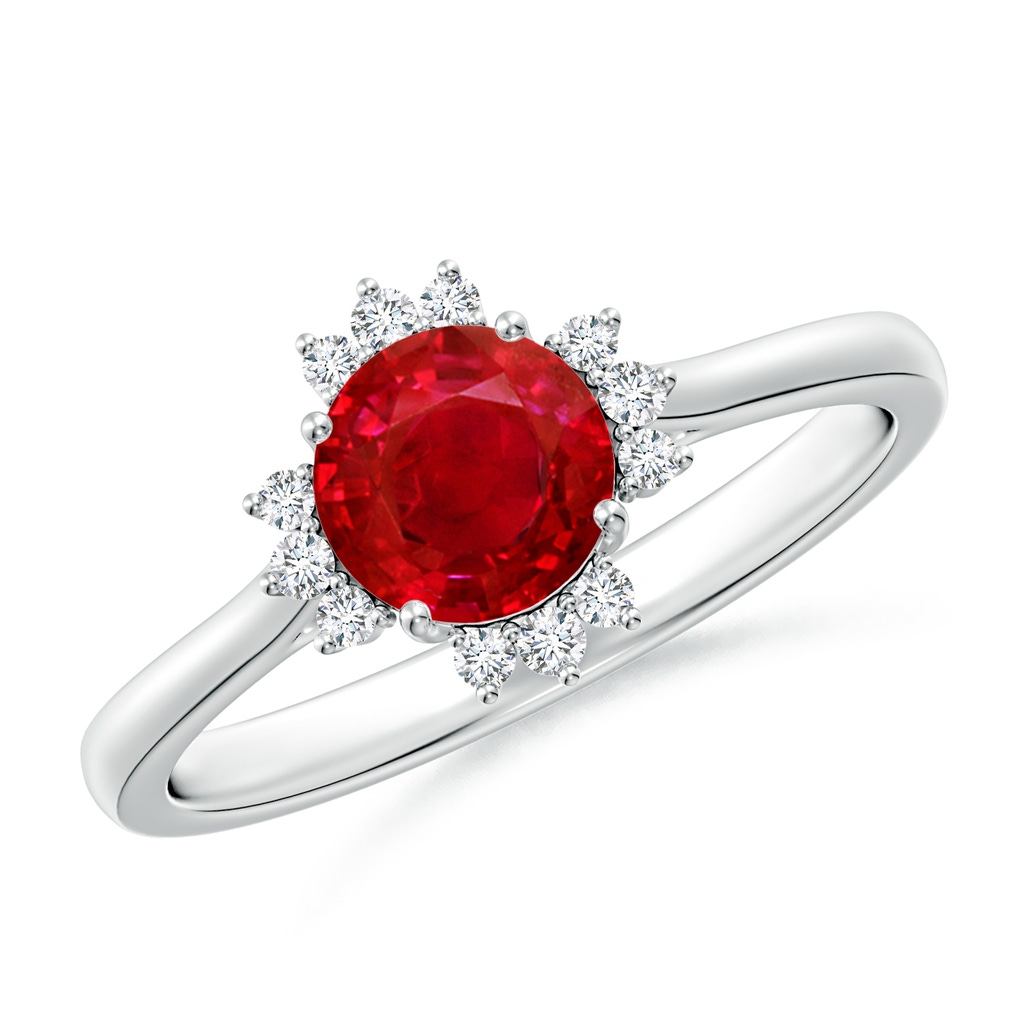 6mm AAA Prong-Set Round Ruby Halo Engagement Ring in 18K White Gold