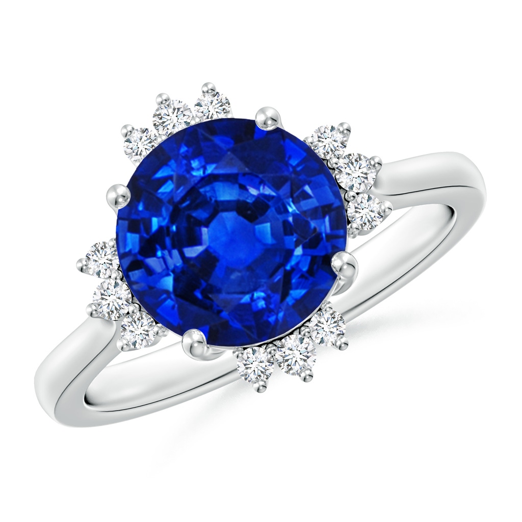 9mm Lab-Grown Prong-Set Round Blue Sapphire Halo Engagement Ring in 18K White Gold