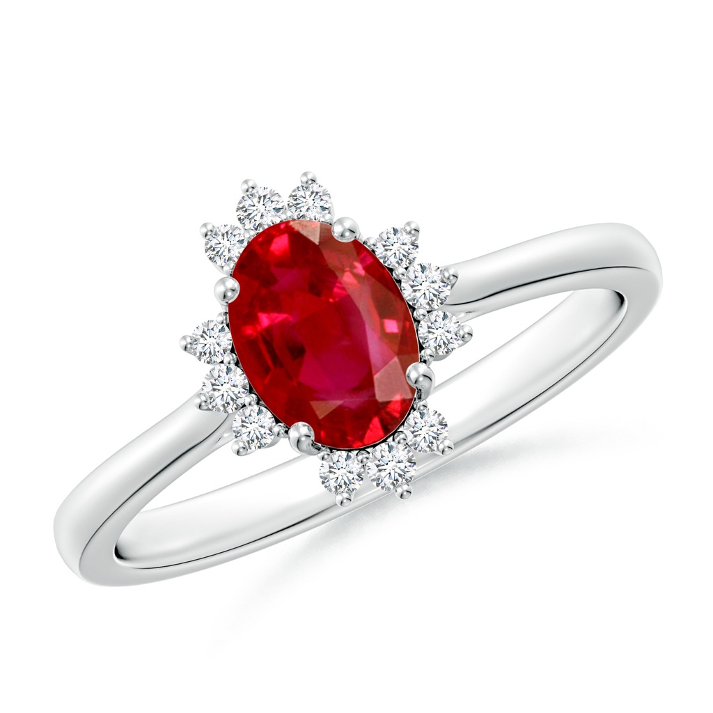 7x5mm AAA Prong-Set Oval Ruby Halo Engagement Ring in White Gold