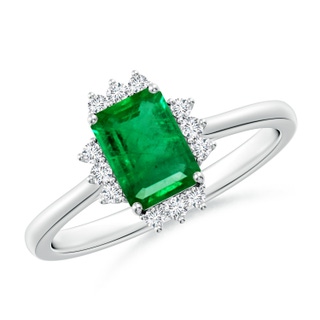 7x5mm AAA Prong-Set Emerald-Cut Emerald Halo Engagement Ring in White Gold