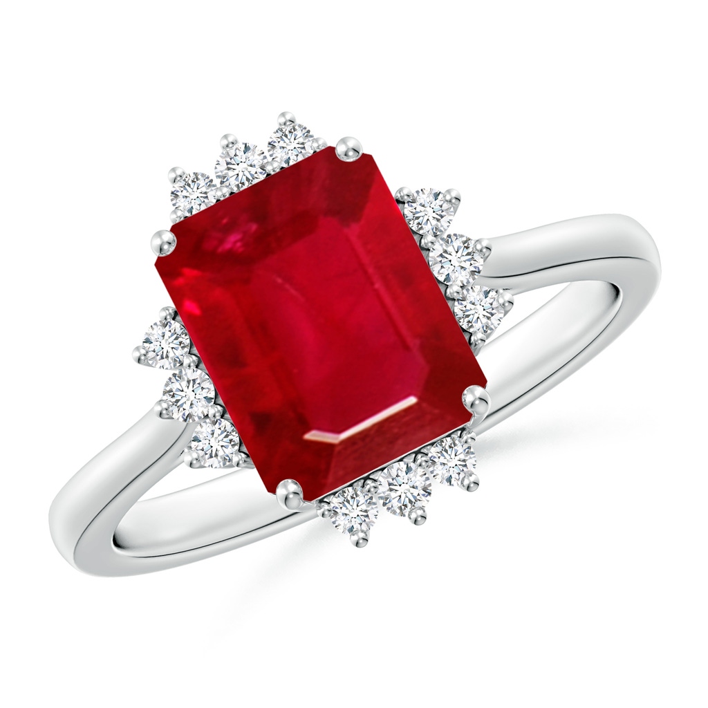 9x7mm AAA Prong-Set Emerald-Cut Ruby Halo Engagement Ring in White Gold