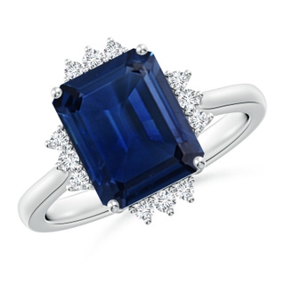 10x8mm AAA Prong-Set Emerald-Cut Blue Sapphire Halo Engagement Ring in P950 Platinum