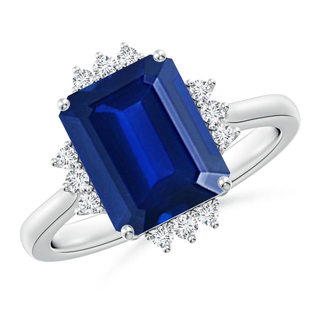 10x8mm Lab-Grown Prong-Set Emerald-Cut Blue Sapphire Halo Engagement Ring in 18K White Gold