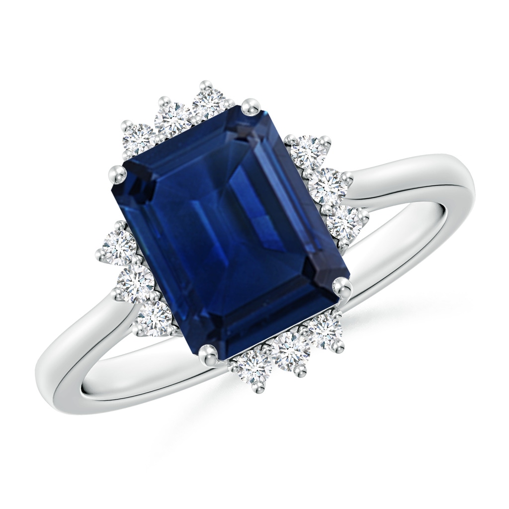 9x7mm AAA Prong-Set Emerald-Cut Blue Sapphire Halo Engagement Ring in White Gold