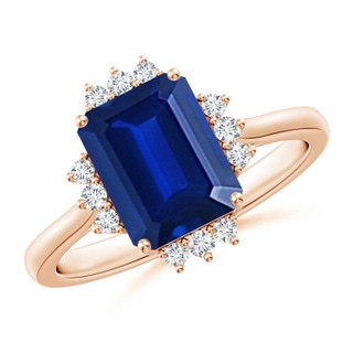 9x7mm AAAA Prong-Set Emerald-Cut Blue Sapphire Halo Engagement Ring in Rose Gold