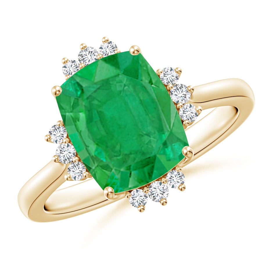 10x8mm AA Prong-Set Cushion Rectangular Emerald Halo Engagement Ring in Yellow Gold 