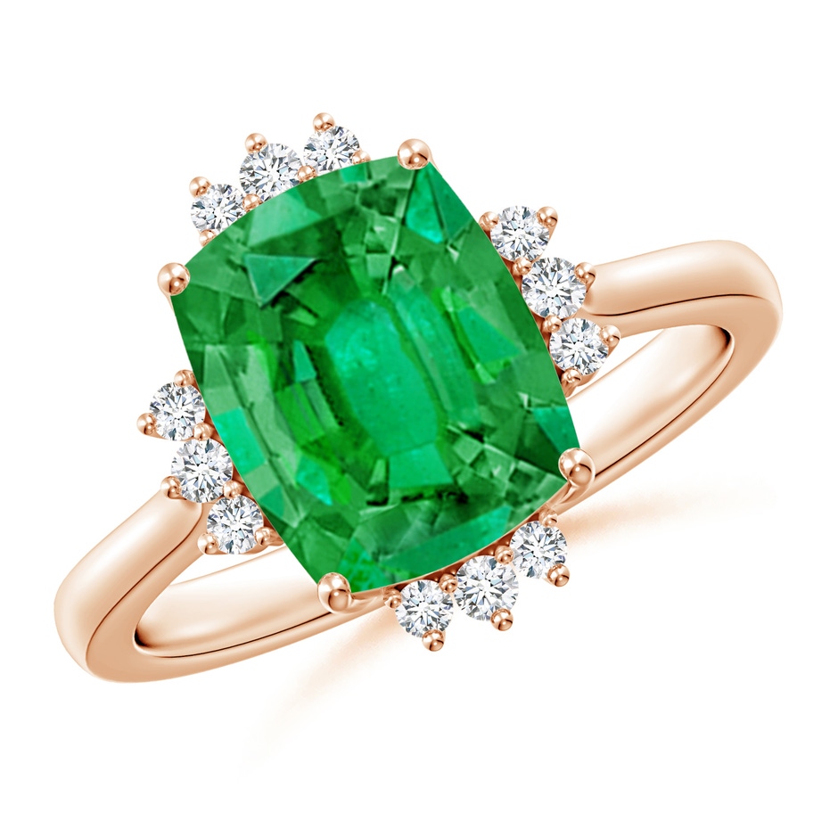 10x8mm AAA Prong-Set Cushion Rectangular Emerald Halo Engagement Ring in Rose Gold 