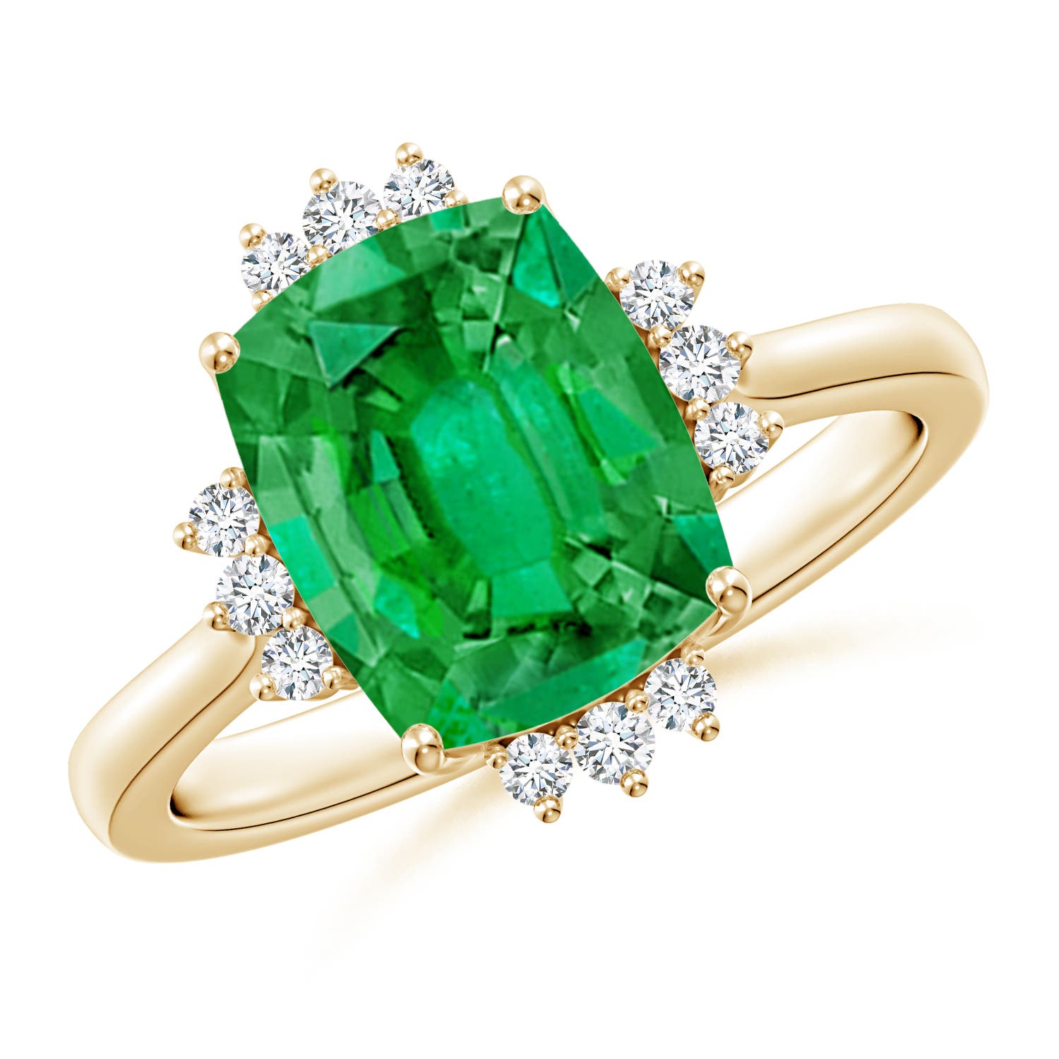 10x8mm AAA Prong-Set Cushion Rectangular Emerald Halo Engagement Ring in Yellow Gold