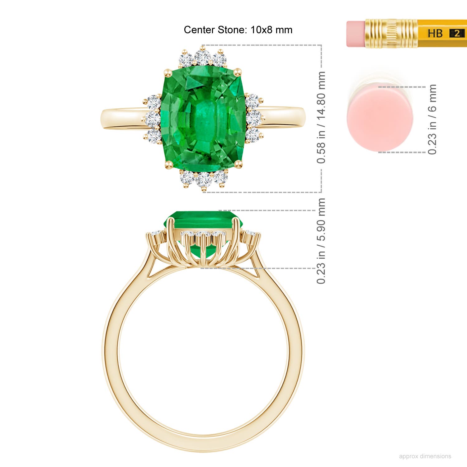 10x8mm AAA Prong-Set Cushion Rectangular Emerald Halo Engagement Ring in Yellow Gold - ruler