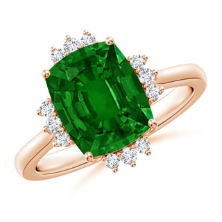 10x8mm AAAA Prong-Set Cushion Rectangular Emerald Halo Engagement Ring in Rose Gold