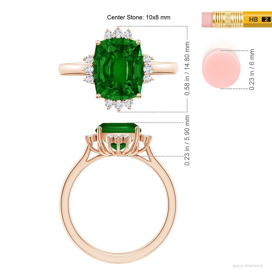 10x8mm AAAA Prong-Set Cushion Rectangular Emerald Halo Engagement Ring in Rose Gold ruler