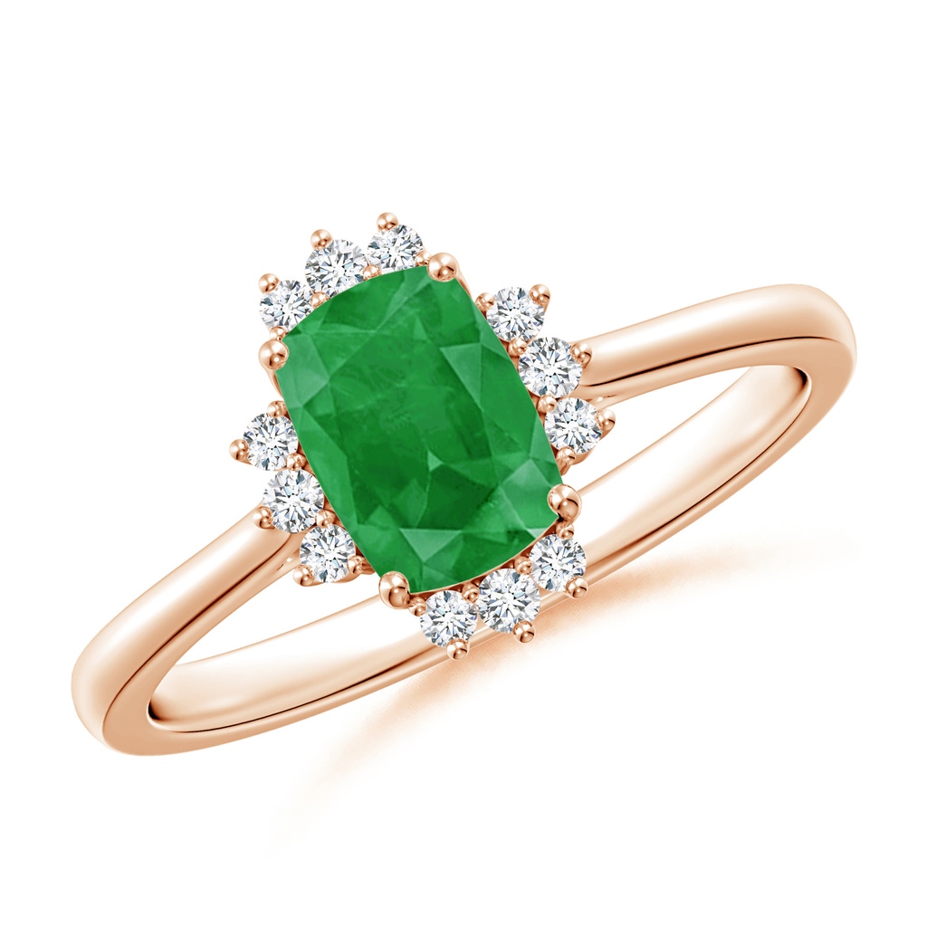 7x5mm A Prong-Set Cushion Rectangular Emerald Halo Engagement Ring in Rose Gold