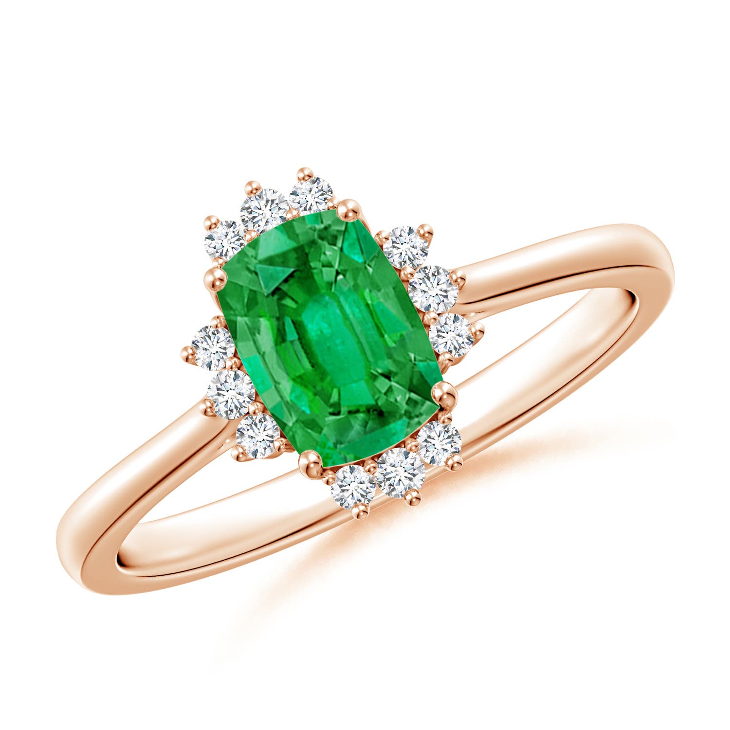 7x5mm AAA Prong-Set Cushion Rectangular Emerald Halo Engagement Ring in Rose Gold